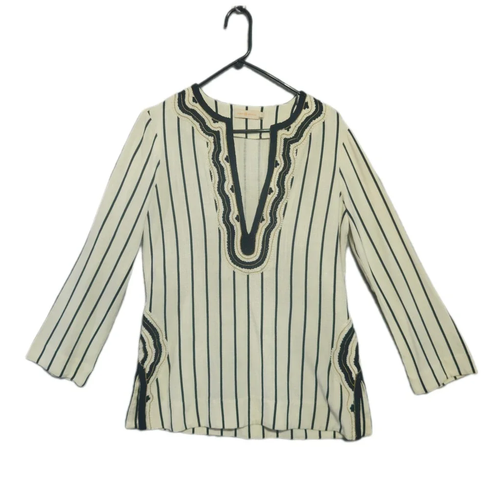 Tory Burch Womens Striped Embroidered Tunic Size 4 Cream Navy Blue Boho Split